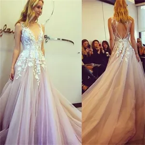 V-neck Appliques Long A-line Sleeveless Tulle Prom Wedding Dresses, BG0136