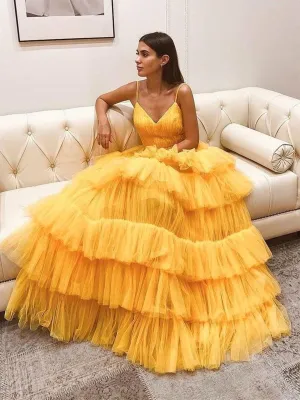 V Neck Backless Yellow Tulle Layered Long Prom, Layered Yellow Formal Evening