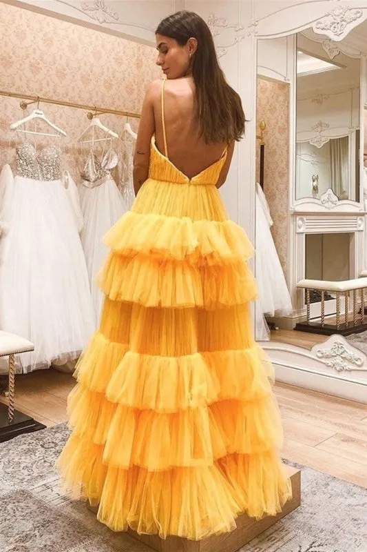 V Neck Backless Yellow Tulle Layered Long Prom, Layered Yellow Formal Evening