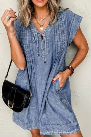 V Neck Short Sleeve Denim Dress
