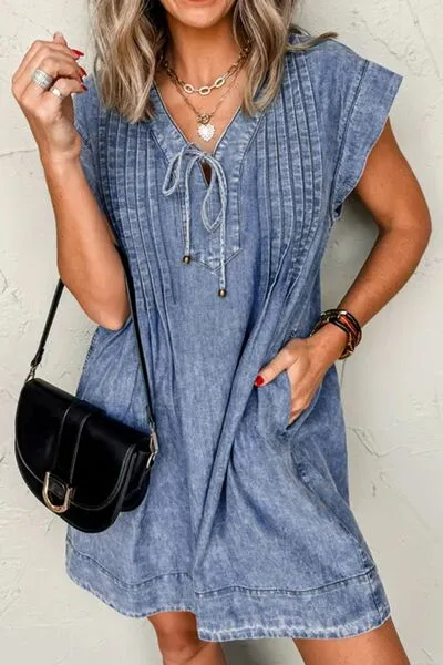 V Neck Short Sleeve Denim Dress