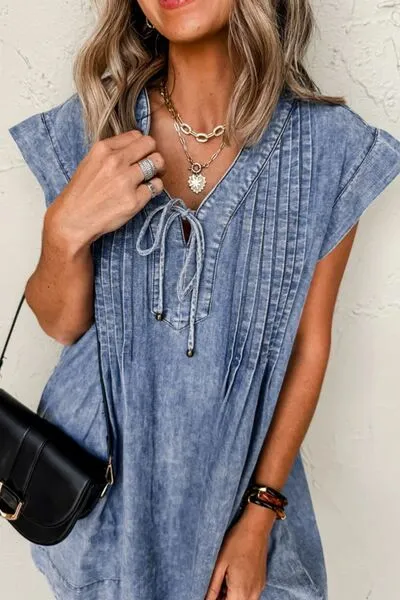 V Neck Short Sleeve Denim Dress