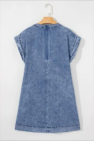 V Neck Short Sleeve Denim Dress