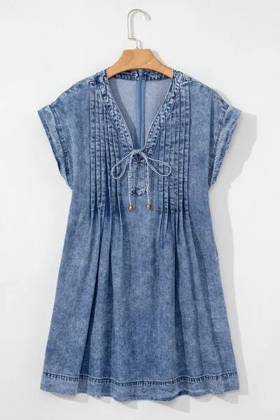 V Neck Short Sleeve Denim Dress