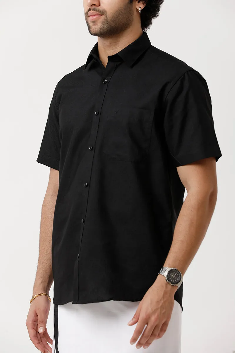 Varna - Black Matching Shirt and Double Layered Dhoti Set For Men | Uathayam