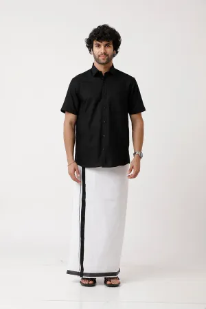 Varna - Black Matching Shirt and Double Layered Dhoti Set For Men | Uathayam