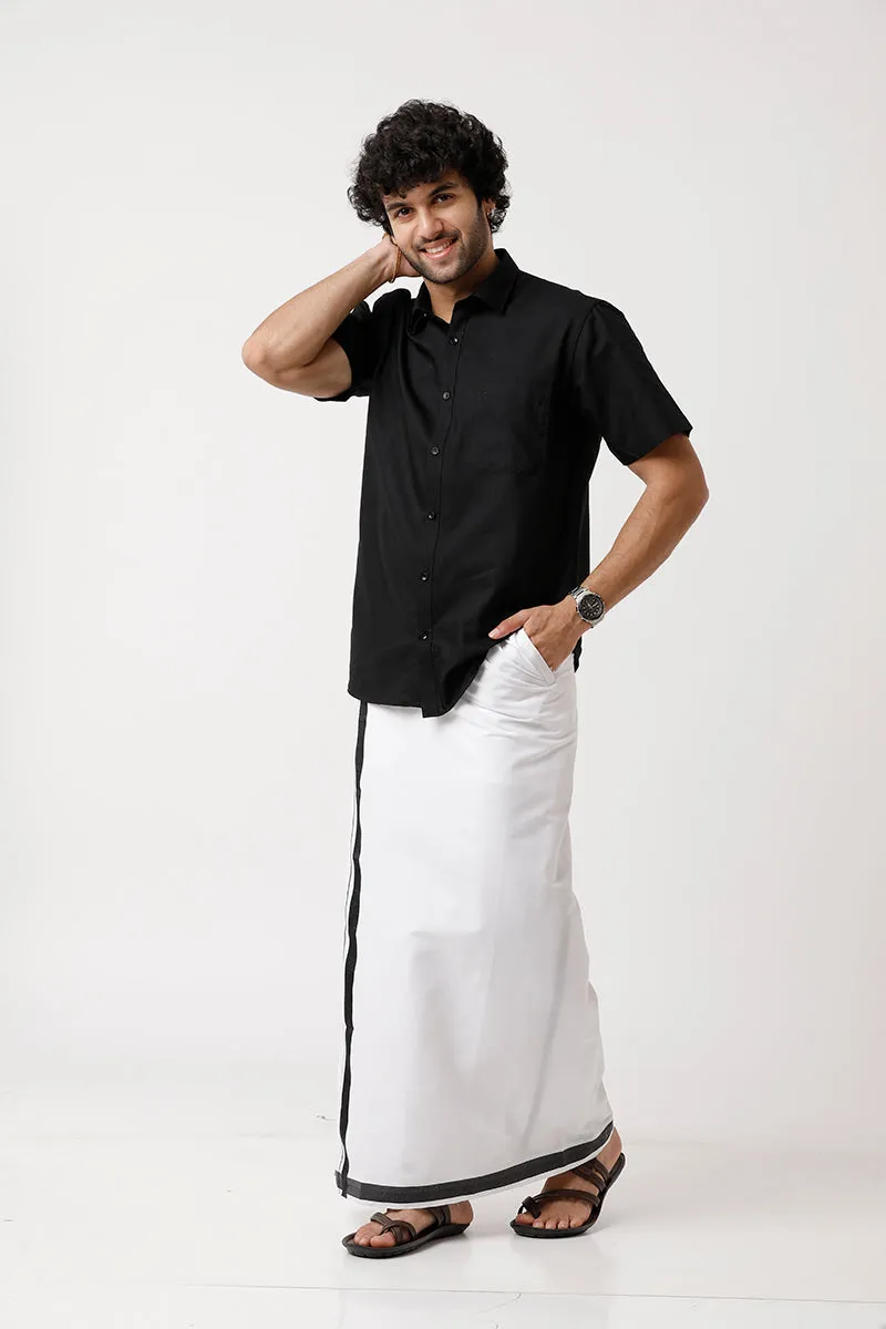 Varna - Black Matching Shirt and Double Layered Dhoti Set For Men | Uathayam