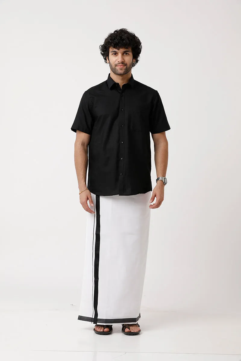 Varna - Black Matching Shirt and Double Layered Dhoti Set For Men | Uathayam