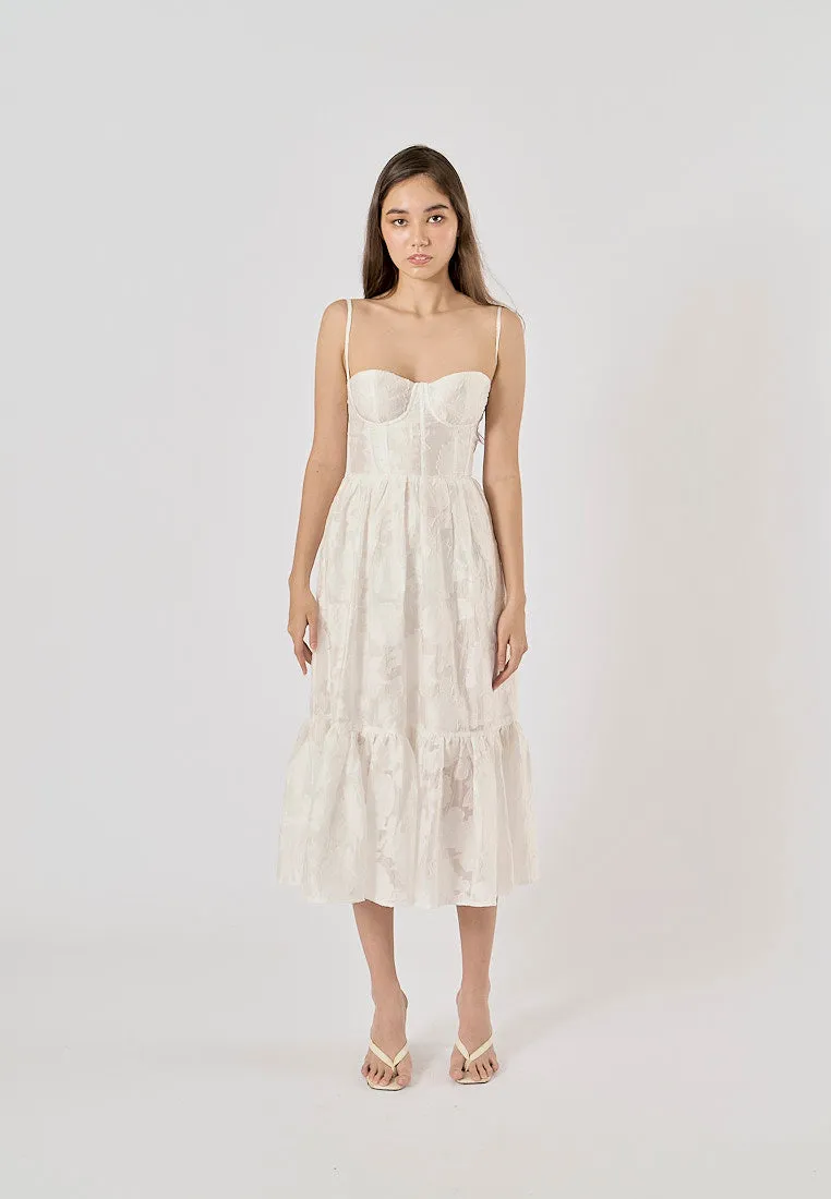 Veronique White Floral Pattern Bustier Midi Layered Dress