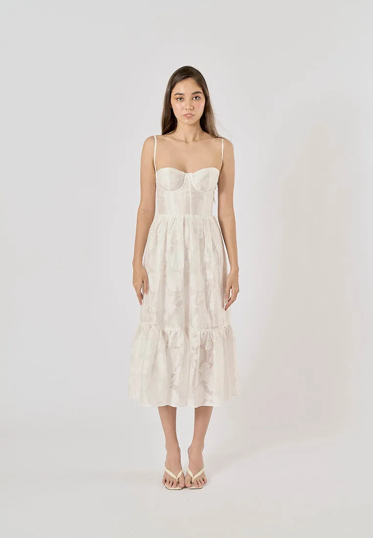 Veronique White Floral Pattern Bustier Midi Layered Dress