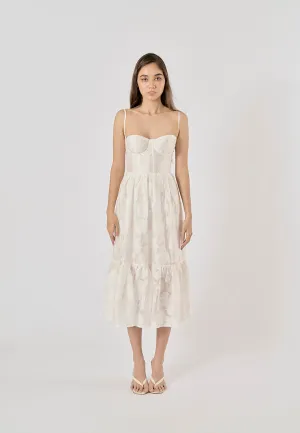 Veronique White Floral Pattern Bustier Midi Layered Dress