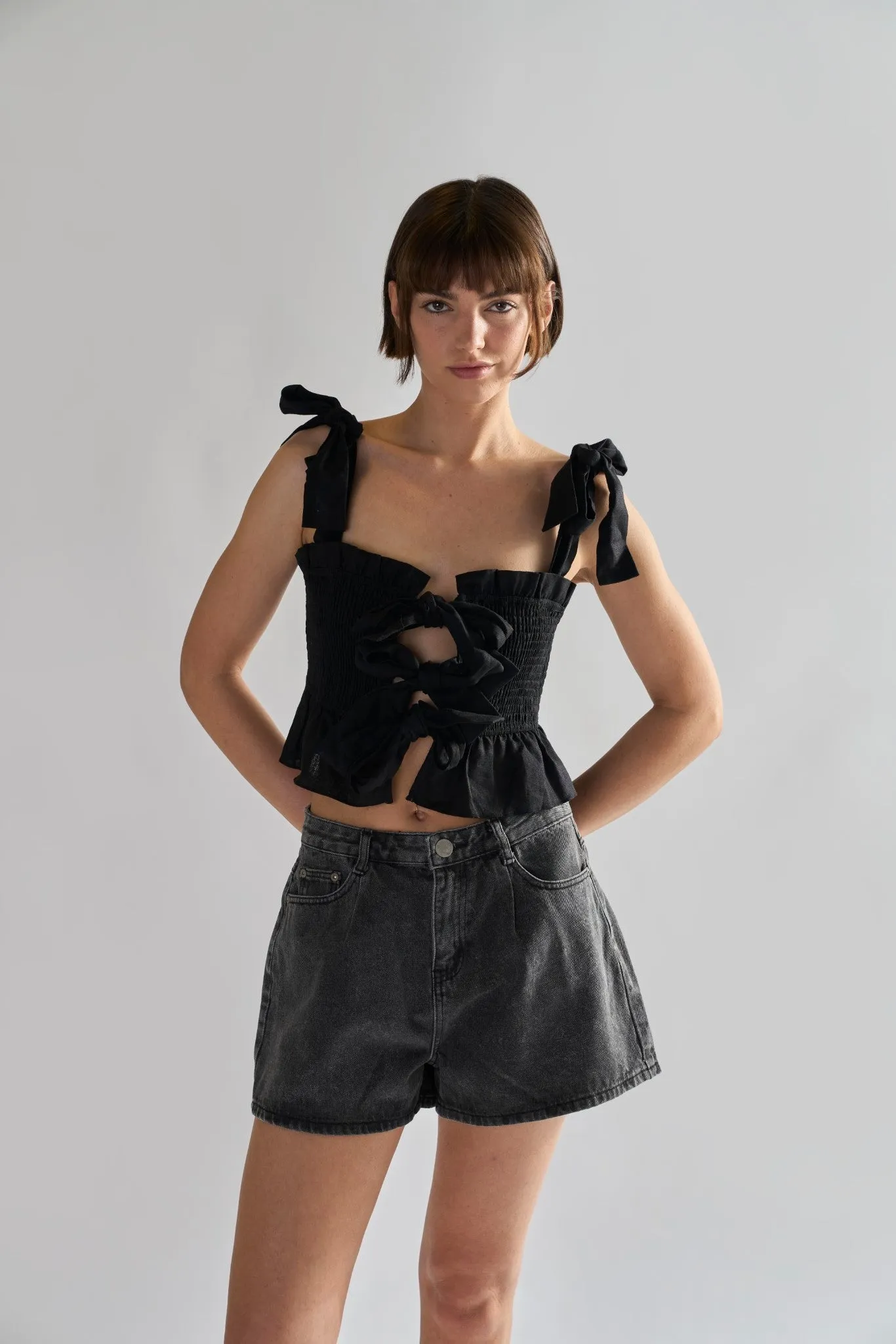 Washed-Black Denim-Shorts