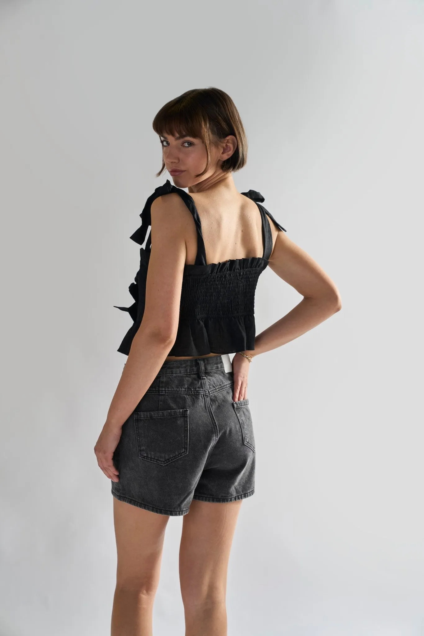 Washed-Black Denim-Shorts