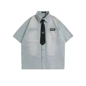 Washed Short-sleeved Shirt with Tie
