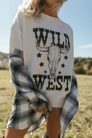 White WILD WEST Skull Stars Print Ribbed Sweatshirt