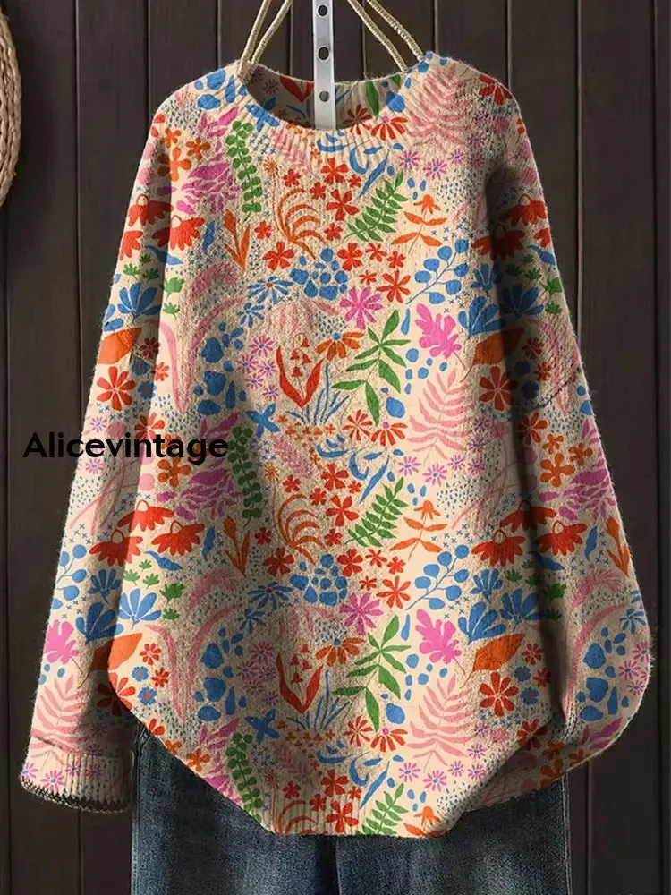 Women's Fashion Elegant Floral Art Print Round Neck Long Sleeve Sweater