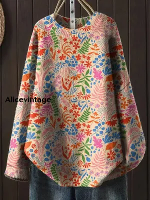 Women's Fashion Elegant Floral Art Print Round Neck Long Sleeve Sweater