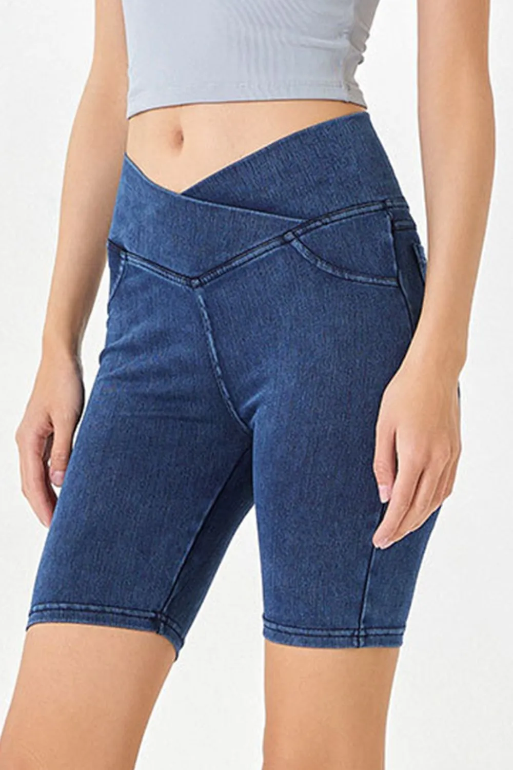 Women’s High-Stretch Asymmetrical Waist Denim Shorts with Pockets | Plus Sizes Available