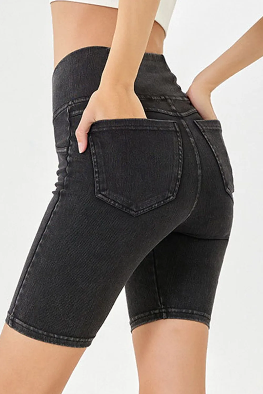 Women’s High-Stretch Asymmetrical Waist Denim Shorts with Pockets | Plus Sizes Available