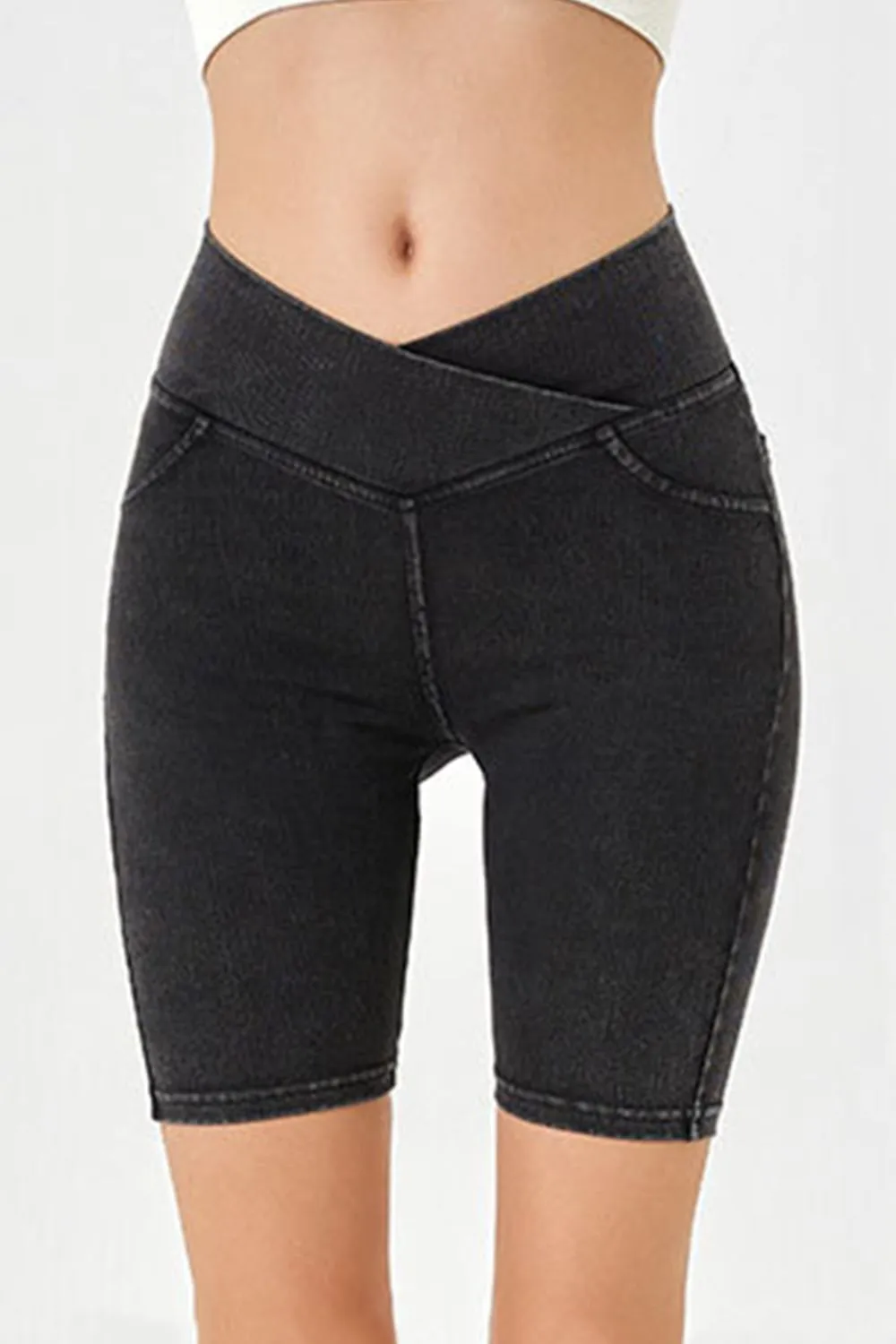 Women’s High-Stretch Asymmetrical Waist Denim Shorts with Pockets | Plus Sizes Available