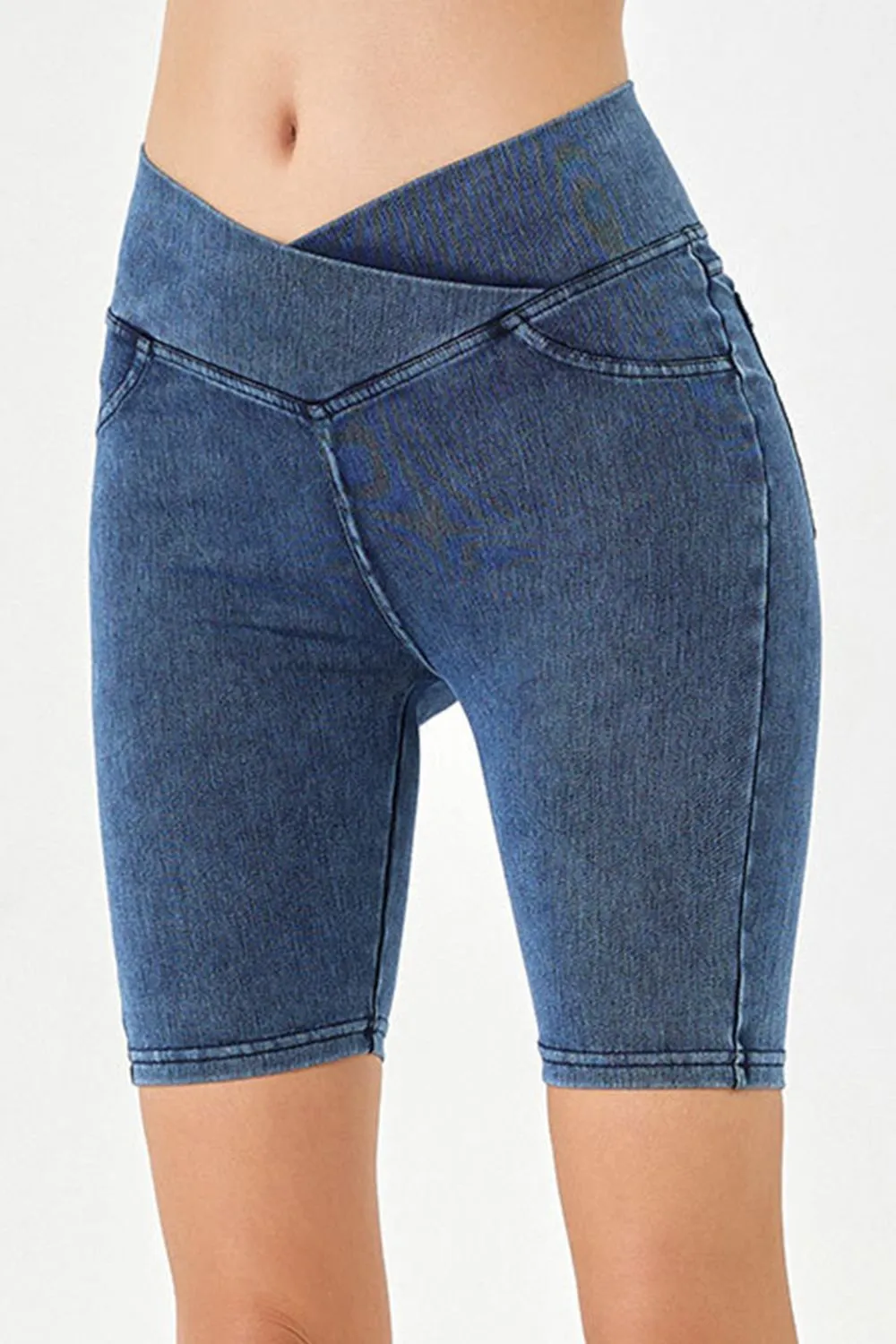 Women’s High-Stretch Asymmetrical Waist Denim Shorts with Pockets | Plus Sizes Available