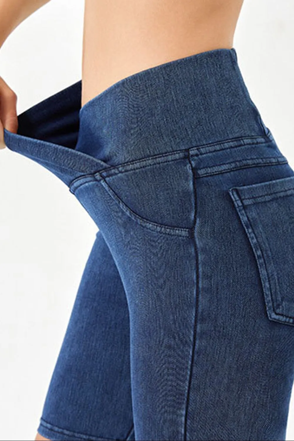 Women’s High-Stretch Asymmetrical Waist Denim Shorts with Pockets | Plus Sizes Available