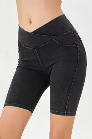 Women’s High-Stretch Asymmetrical Waist Denim Shorts with Pockets | Plus Sizes Available