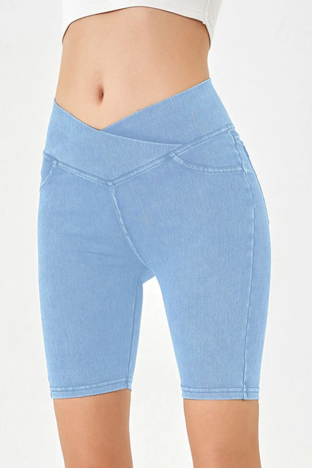 Women’s High-Stretch Asymmetrical Waist Denim Shorts with Pockets | Plus Sizes Available