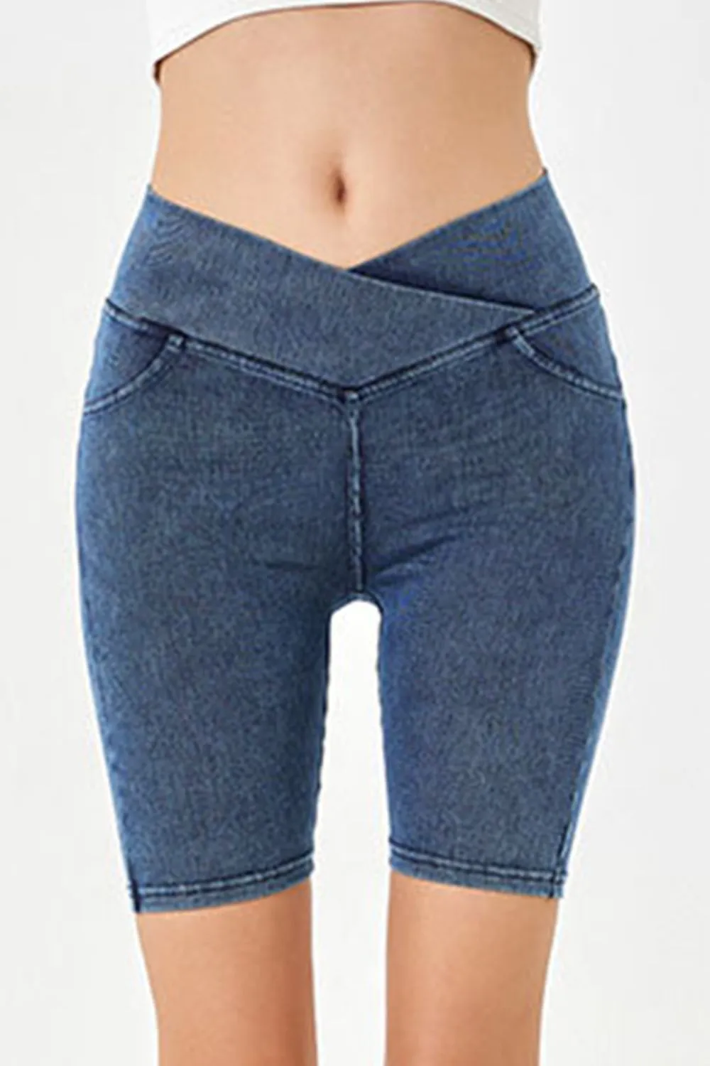 Women’s High-Stretch Asymmetrical Waist Denim Shorts with Pockets | Plus Sizes Available