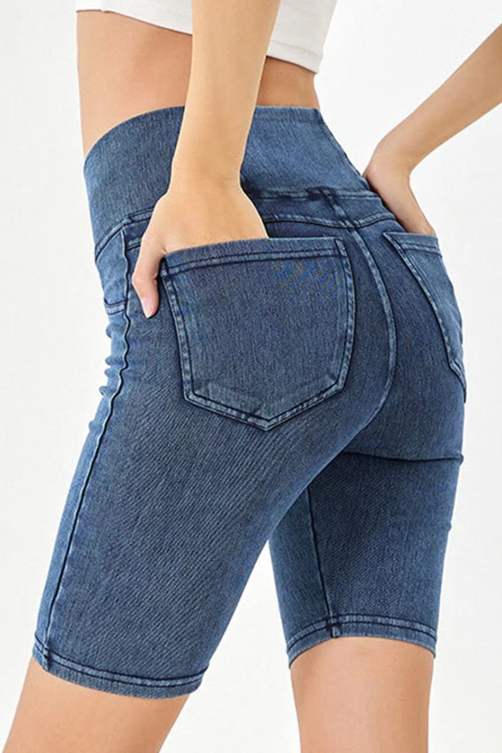 Women’s High-Stretch Asymmetrical Waist Denim Shorts with Pockets | Plus Sizes Available