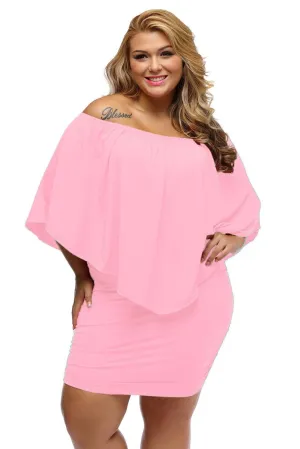 Women's Pink Off Shoulder Bandeau Ruffles Multiple Layered Plus Size Mini Dress