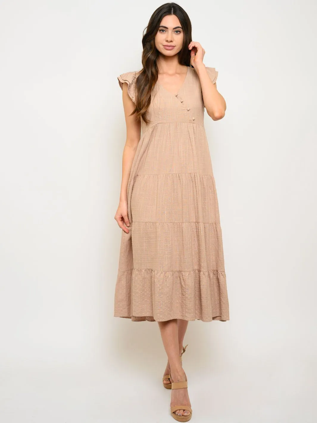 WOMEN'S SHORT SLEEVE RUFFLE LAYERED MIDI DRESS