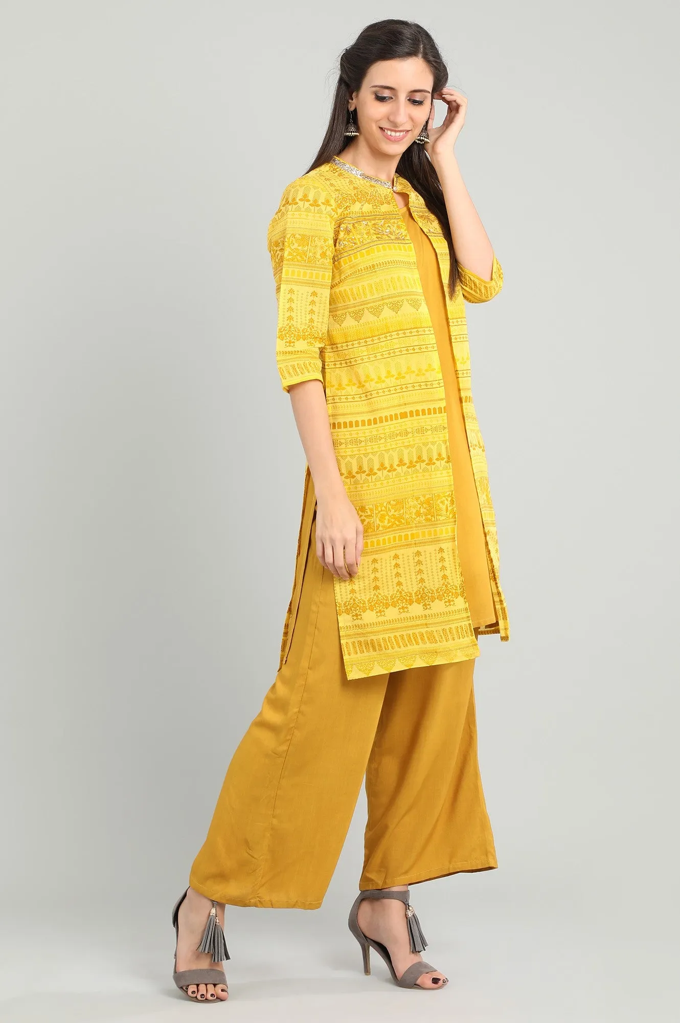 Yellow Round Neck Printed kurta Set