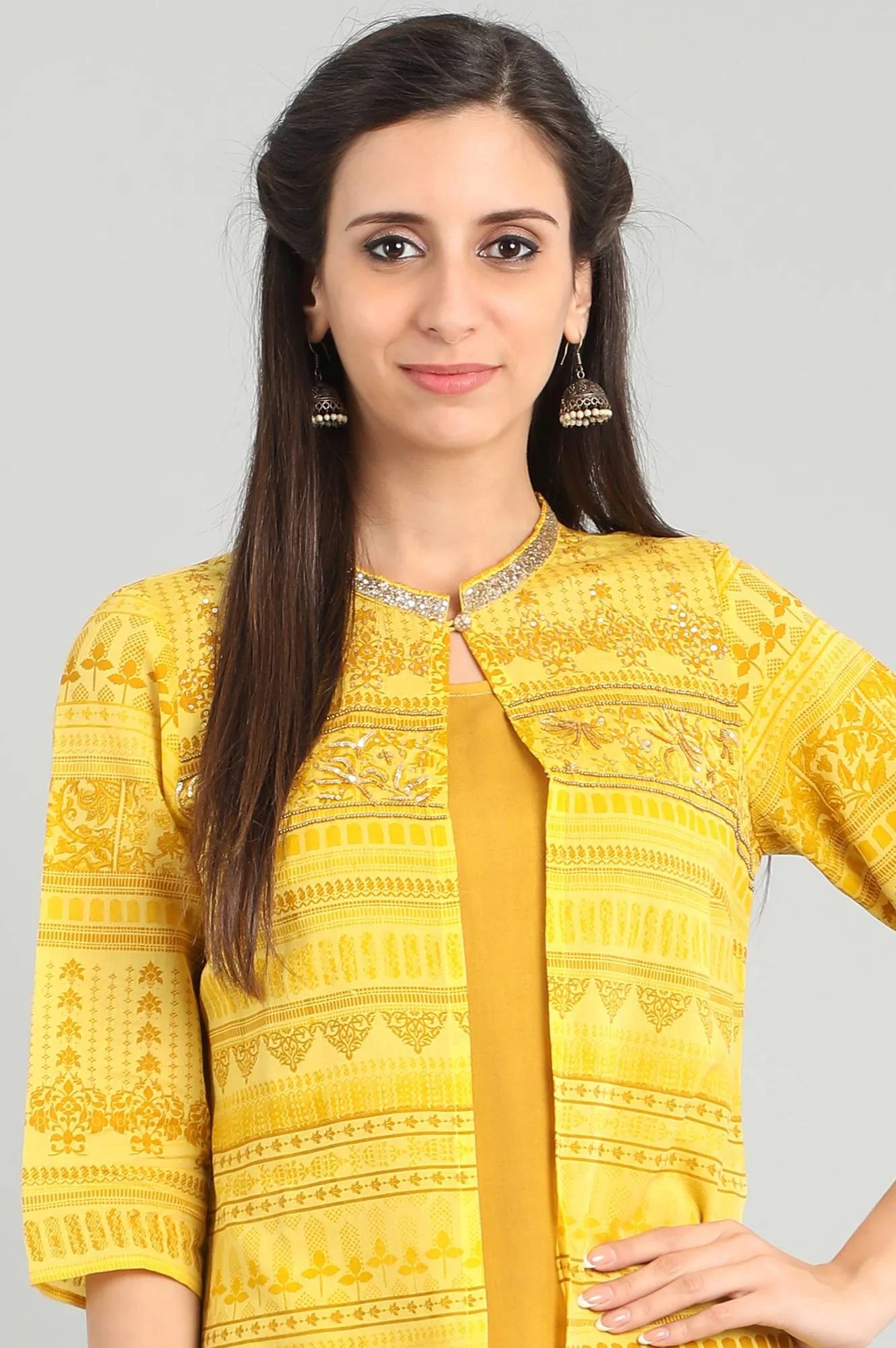 Yellow Round Neck Printed kurta Set