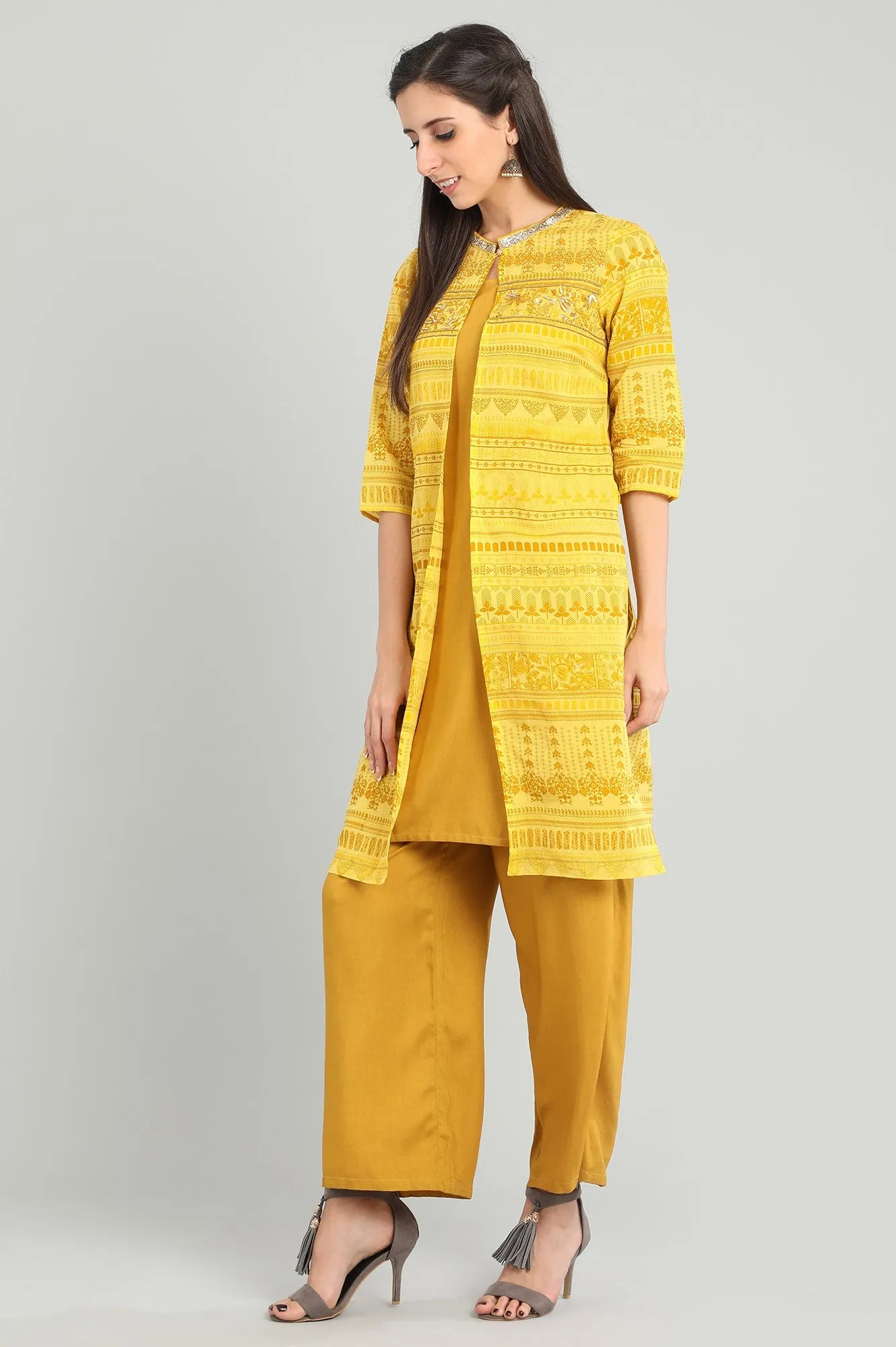 Yellow Round Neck Printed kurta Set